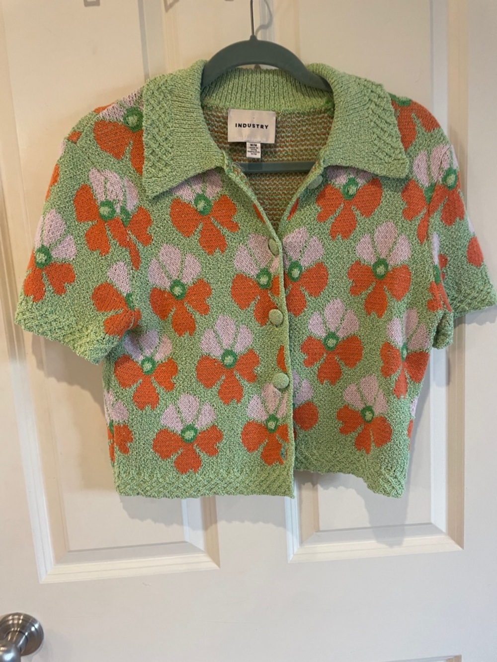 INDUSTRY Green Floral Knit Short-Sleeve Cardigan with Orange & Pink Blossoms